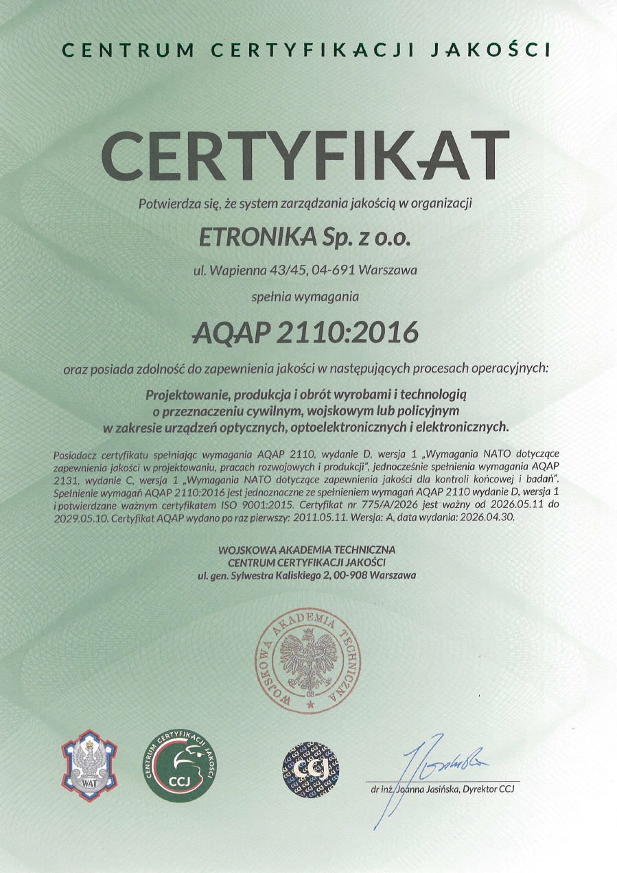 AQAP 2110:2016 certificate